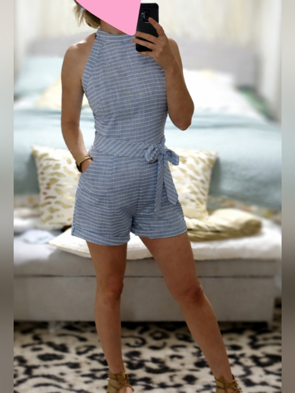 Striped Blue Halter Tie-Waist Romper (Shorts) Size M